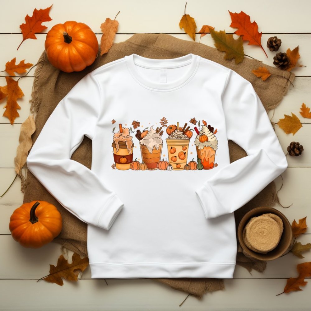 Fall Coffee Sweatshirt, Halloween Pumpkin Latte Drink Cup, Fall Pumpkin Spice